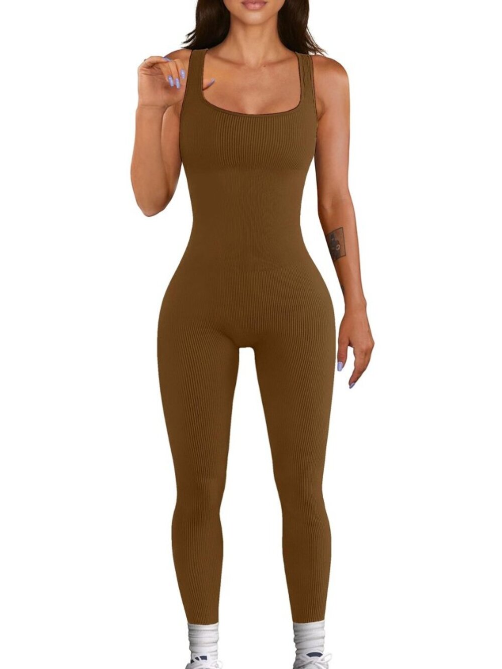 Womens Workout Ribbed Jumpsuit Yoga Square Neck Leggings Romper